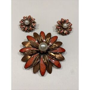 Renoir Matisse Set Signed Vintage "Anemone" Copper Flower 3 Level Brooch 2 3/4"